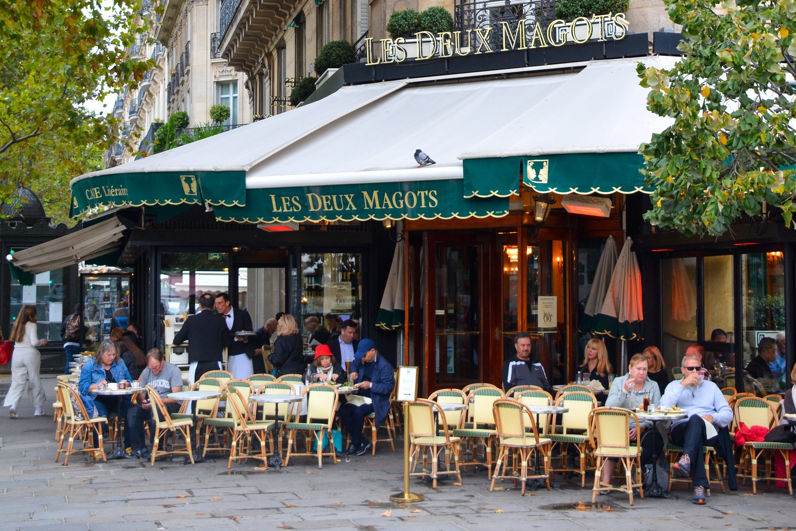 Les Deux Magots terrace on Boulevard Saint-Germain, the café where Sartre and Beauvoir held their regular table
